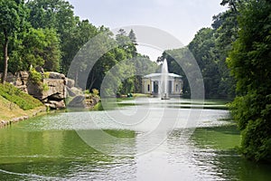 Lower Pond, fountain and pavilion in arboretum Sofiyivka, Uman,