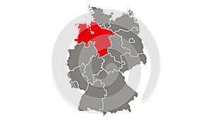 Lower Saxony federal state blinking red highlighted in map of Germany