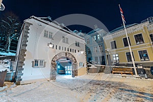 Lower station of funicular train in Bergen, known also as Floibsanen. Night time photo of legendary train funicular station No
