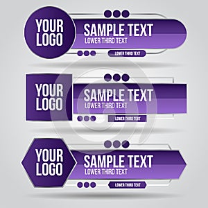 Lower third purple and grey color design tv template modern contemporary. Set of banners bar screen broadcast show bar name.