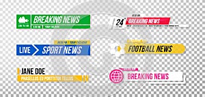 Lower third template. Set of TV banners and bars for news and sport channels, streaming and broadcasting