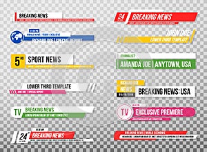 Lower third template. Set of TV banners and bars for news and sport channels, streaming and broadcasting. Collection of lower thir