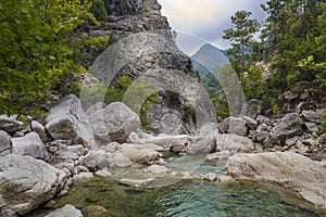 Lower view of mountain stony river