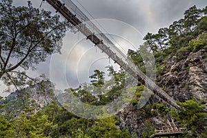 Lower view of rope suspension bridge