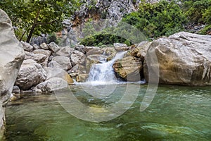 Lower view of stony waterfall
