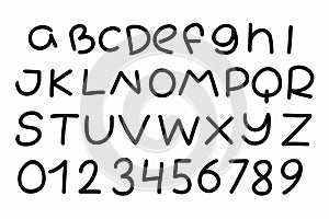 Lowercase modern black english latin abc alphabet font A to Z and digits 0 to 9 set. Vector illustration in doodle hand written