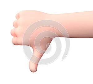 Lowered Thumb Hand. 3D Cartoon Character. Isolated on White