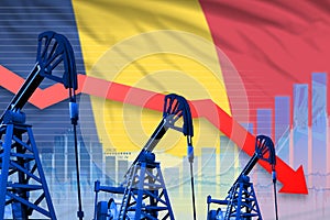 Lowering, falling graph on Romania flag background - industrial illustration of Romania oil industry or market concept. 3D