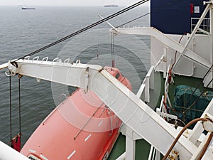 lowering of a lifeboat during a drill on a ship