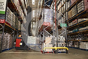 Lowering stock in a distribution warehouse using aisle truck photo