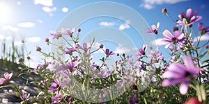 Lowers chamomile purple wild peas flowers in the field