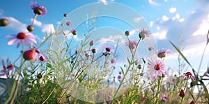 Lowers chamomile purple wild peas flowers in the field