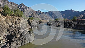 Lowflying on a drone over Teldykpen rapids on Altai river Katun near Oroktoi bridge