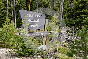 Lowman, Idaho - Sign for the Challis National Forest, in central Idaho in the Sawtooth Mountains