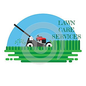 Lown care services flat background vector design. cutting grass with lawn mover.