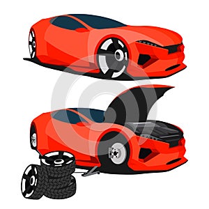 Lowpoly auto service, sedan car without wheels photo