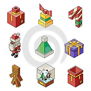 Lowpoly christmas polygonal outline new year isometric 3d isolated icons set flat cartoon design vector illustration