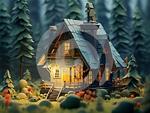Lowpoly style image of a cabin in the woods.