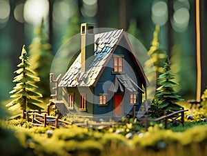 Lowpoly style image of a cabin in the woods.