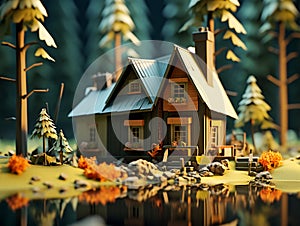 Lowpoly style image of a cabin in the woods.