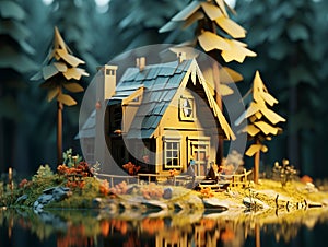 Lowpoly style image of a cabin in the woods.