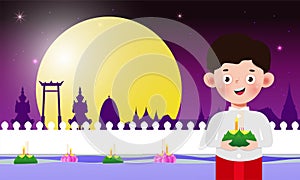 Loy Krathong Festival banner concept with cute Thai Children in National costume holding krathong in full moon night and lanterns