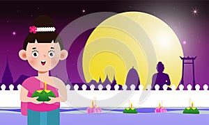 Loy Krathong Festival banner concept with cute Thai Children in National costume holding krathong in full moon night and lanterns