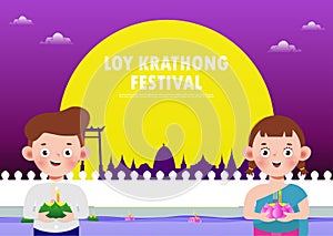 Loy Krathong Festival banner concept with cute Thai Children in National costume holding krathong in full moon night and lanterns