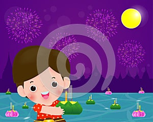 Loy Krathong Festival banner concept with cute Thai Children in National costume holding krathong in full moon night and lanterns