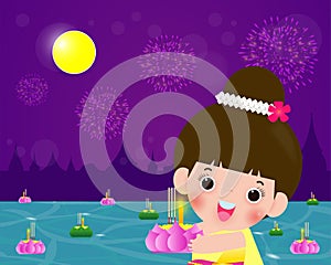 Loy Krathong Festival banner concept with cute Thai Children in National costume holding krathong in full moon night and lanterns