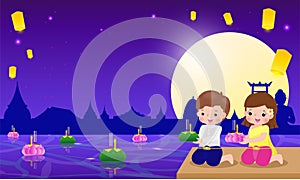 Loy Krathong Festival banner concept with cute Thai Children in National costume holding krathong in full moon night and lanterns