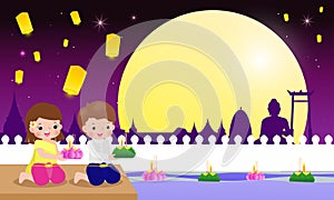 Loy Krathong Festival banner concept with cute Thai Children in National costume holding krathong in full moon night and lanterns