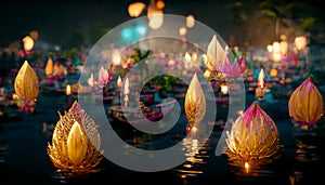 Loy Krathong festival with colorful candles light and full moon in Thailand background. Floating ritual banana leaves vessel or