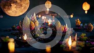 Loy Krathong festival with colorful candles light and full moon in Thailand background. Floating ritual banana leaves vessel or