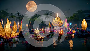 Loy Krathong festival with colorful candles light and full moon in Thailand background. Floating ritual banana leaves vessel or