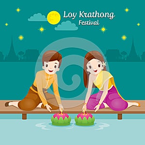 Loy Krathong Festival, Couple in National Costume Sitting, Celeb