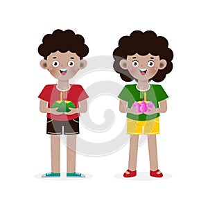 Loy Krathong Festival with cute African American tourist couple holding krathong isolated on white background Celebration