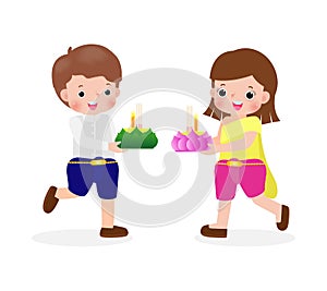 Loy Krathong Festival with cute Thai couple in traditiona costume holding krathong isolated on white background Celebration