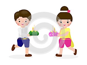 Loy Krathong Festival with cute Thai couple in traditiona costume holding krathong isolated on white background Celebration