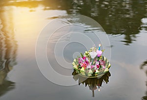 Loy Krathong festival, Krathong floating in pond for forgiveness Goddess Ganges to celebrate festival in Thailand
