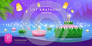 Loy krathong festival thailand, Banana leaf material and pink lotus design, on thailand temple at night river purple and blue back