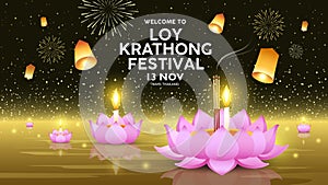 Loy Krathong festival in thailand banners on golden photo