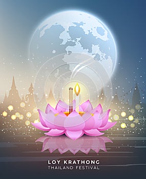 Loy krathong thailand festival at night on bokeh abstract background photo