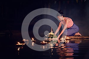 Loy Krathong Traditional Festival, Thai woman hold kratong, Thai