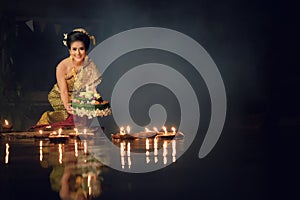 Loy Krathong Traditional Festival, Thai woman hold kratong, Thai