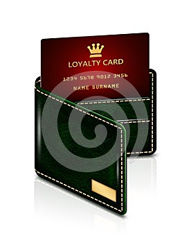 Loyalty card in green wallet over white