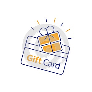 Incentive gift, loyalty card, collecting bonus, earn reward, redeem gift, shopping perks, discount coupon, win present, line icon photo