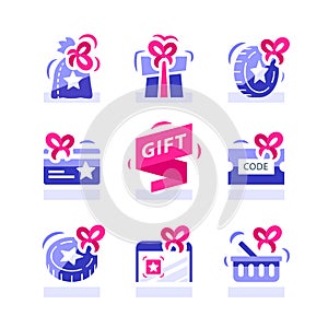 Loyalty gift, reward for purchase, earn points and redeem special present, lottery prize