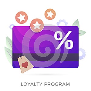 Loyalty marketing program and retail rewards customer service. Discount card with rewarding points concept.