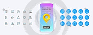 Loyalty points, Locked app and Waterproof line icons. For web app, printing. Phone mockup with 3d map pin icon. Vector photo